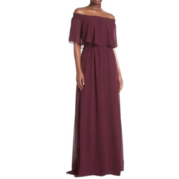 Show Me Your Mumu Hacienda Maxi Dress Medium NWT Merlot Chiffon Off Shoulder - Picture 1 of 7